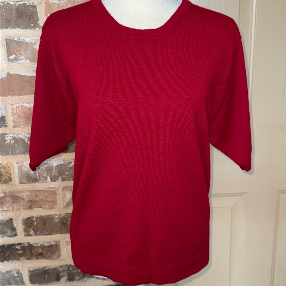 Vintage Koret Vibrant Red Wool Blend Knit Short Sleeve Sweater Timeless Sz XL